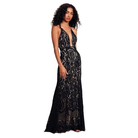 Plunging Neckline Black Lace Illusion Dress sz S - Picture 1 of 8